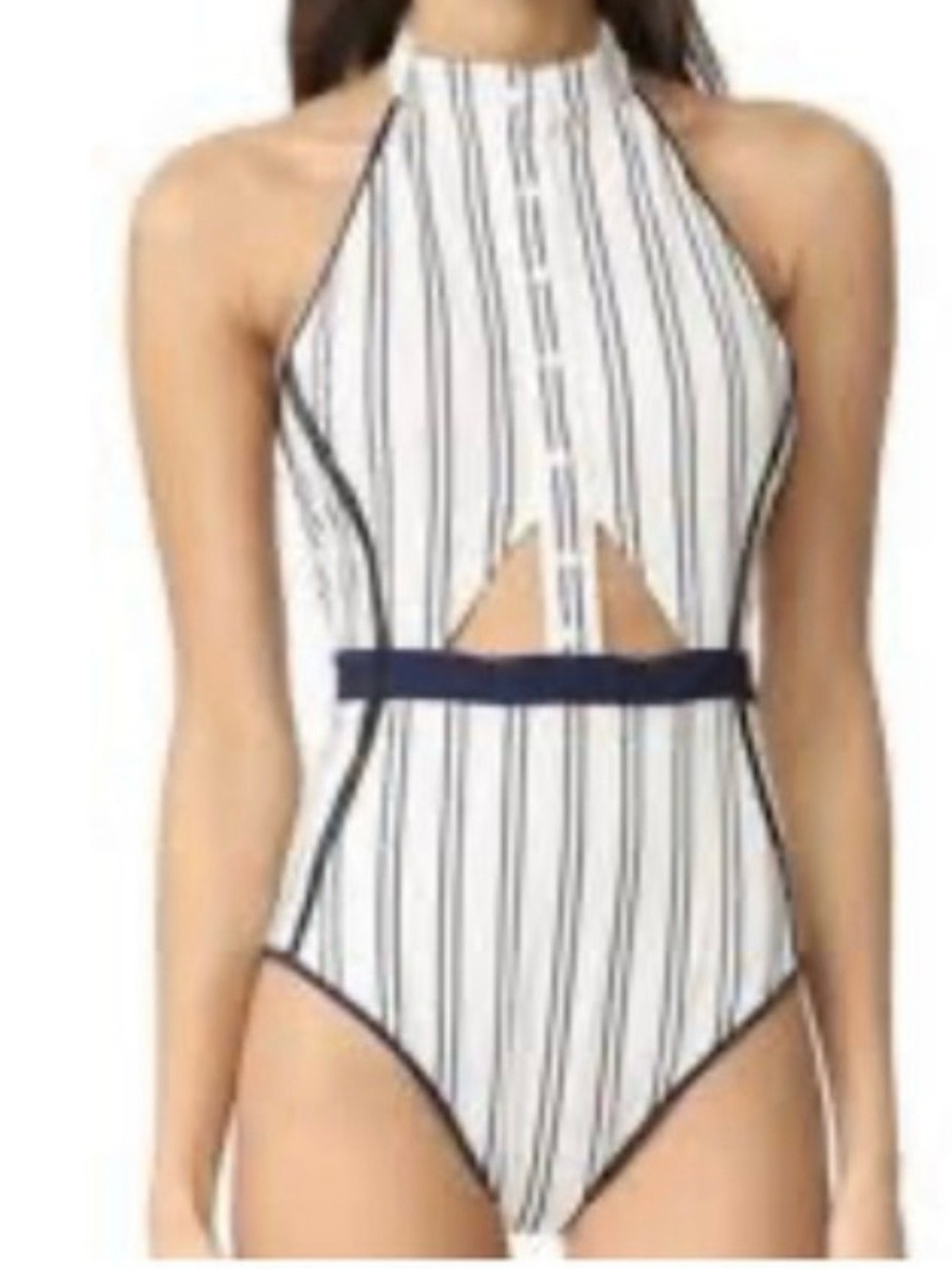 Jonathan Simkhai White and Navy Vertical-Strip Halter One-Piece